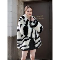 Manteau long d'hiver pour femme avec motif à carreaux zébrés, col en fausse fourrure de renard, épais, moelleux, à capuche, vêtement d'extérieur écologique