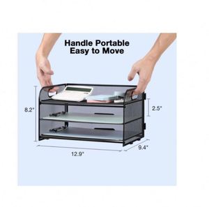3-Tier Letter <b>Tray</b> Paper Organizer with Handle Compact Mesh Desk <b>File</b> Organizer for Home Office Supplies Desktop Accessories - Product Image 2