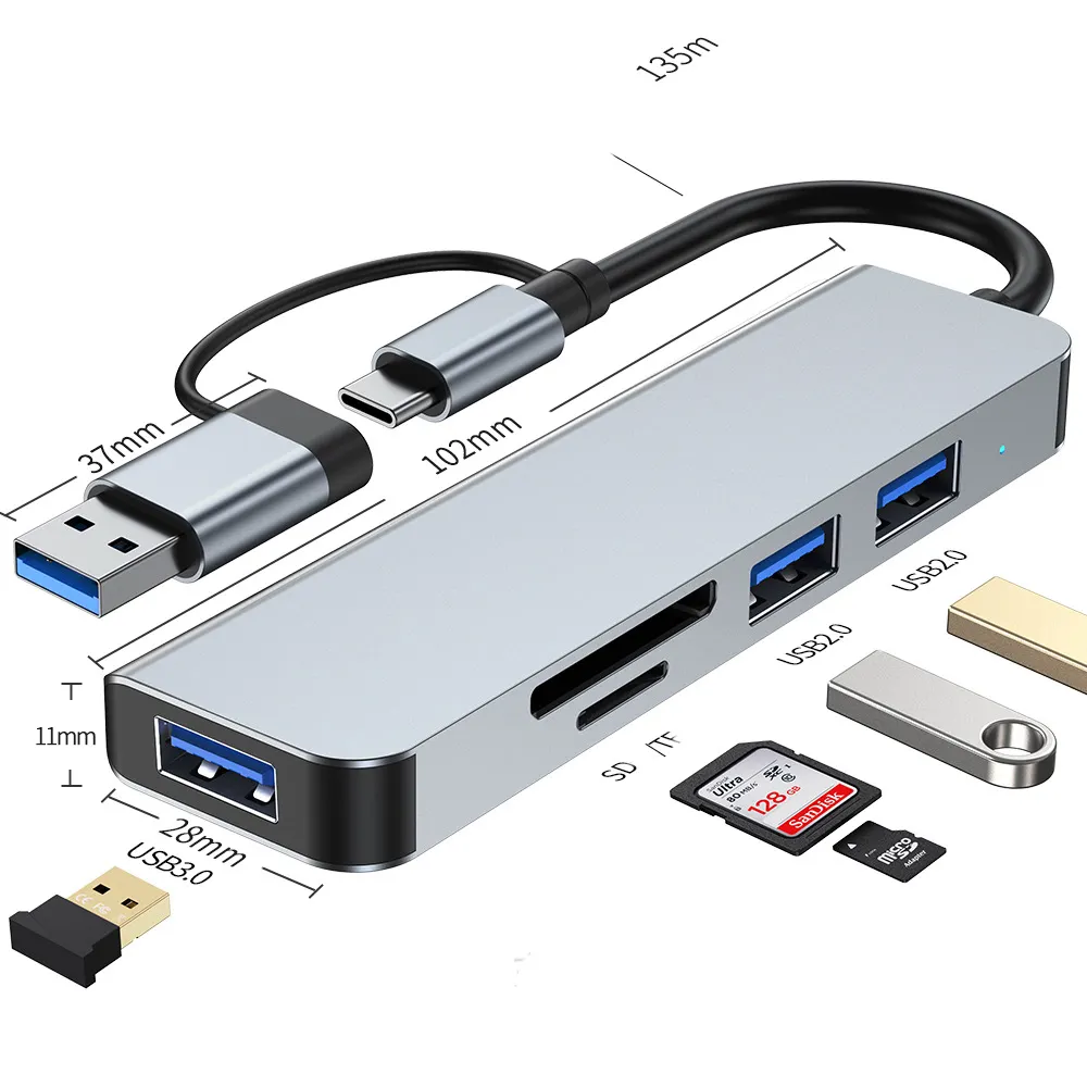 2 usb c adaptörü hub USB-A USB3.0 + 2.0*2 + SD + TF Splitter yerleştirme istasyonu dizüstü şarj göbeği