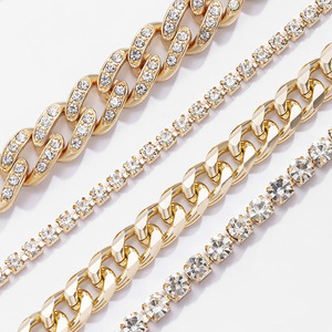 Wholesale New Fashionable <strong>Stack</strong> Bracelets Sets Crystal Rhinestone <strong>Silver</strong> Chain Bracelet Chunky Cuban Bracelet for Women Men - Product Image 5