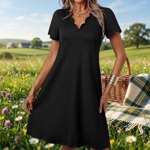Vestido de <span class=keywords><strong>mujer</strong></span> con cuello <span class=keywords><strong>en</strong></span> V festoneado 2026 - Elegante vestido de verano de manga corta de color liso, falda informal de moda con corte <span class=keywords><strong>en</strong></span> A <span class=keywords><strong>para</strong></span> venta al por mayor - Product Image 3
