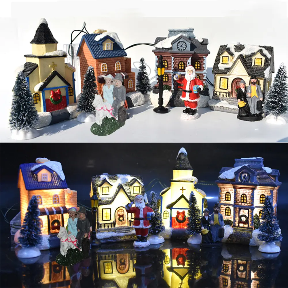 New Led Light Up Fiber Optic Resin Christmas Village House Lighting Miniature Set Snow Scene House Statues Christmas Decor XK006