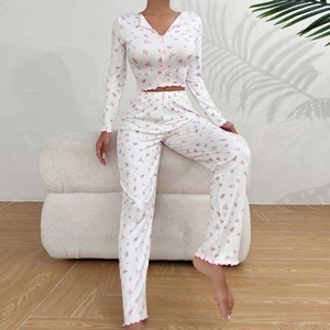 热销产品新款翻领卷边长袖女童睡衣休闲内衣女式休闲服套装 - Product Image 5