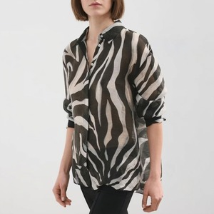 Blusa <span class=keywords><strong>de</strong></span> Mujer Personalizada <span class=keywords><strong>de</strong></span> Fábrica, Estampado <span class=keywords><strong>de</strong></span> <span class=keywords><strong>Cebra</strong></span> Blanco y Negro, Cuello Camisero, Manga Larga, Estilo Casual Vintage - Product Image 1