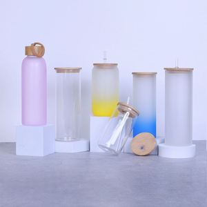 Vaso de Cerveza Ecológico Transparente Esmerilado para Sublimación de 12oz, 16oz, 17oz, Tarro de Vidrio, Taza, Botella, Vaso con Tapa de Bambú y Pajita - Product Image 1