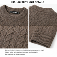 Pull en cachemire pur à 100% pour homme, col rond, hiver, marron, tricot torsadé, motif diamant 3D, bordure côtelée