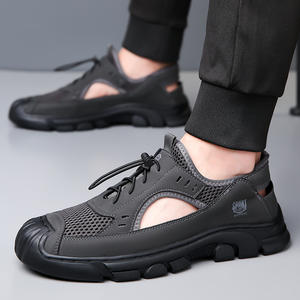 Sandales d'été en cuir véritable pour hommes, à bout ouvert, avec empeigne en maille, décontractées, à semelle souple, respirantes, avec soutien de la voûte plantaire, légères et faciles à enfiler - Product Image 6