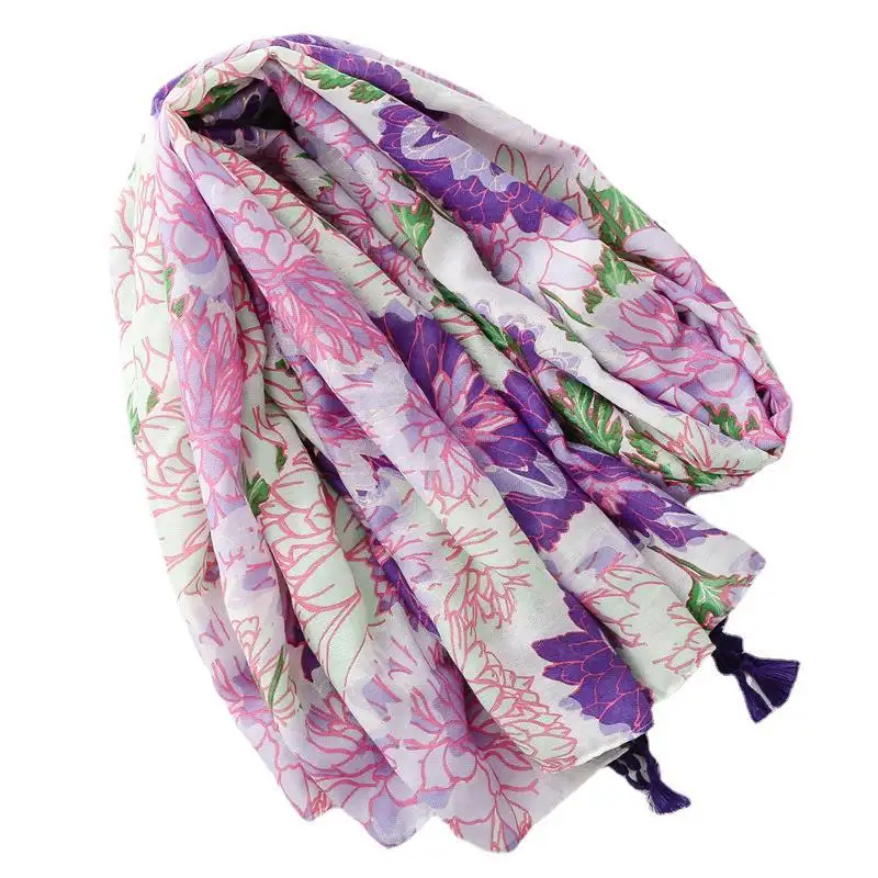 Purple silk tassel scarf with bright flowers custom logo scarves and shawls silk big designer scarves for women