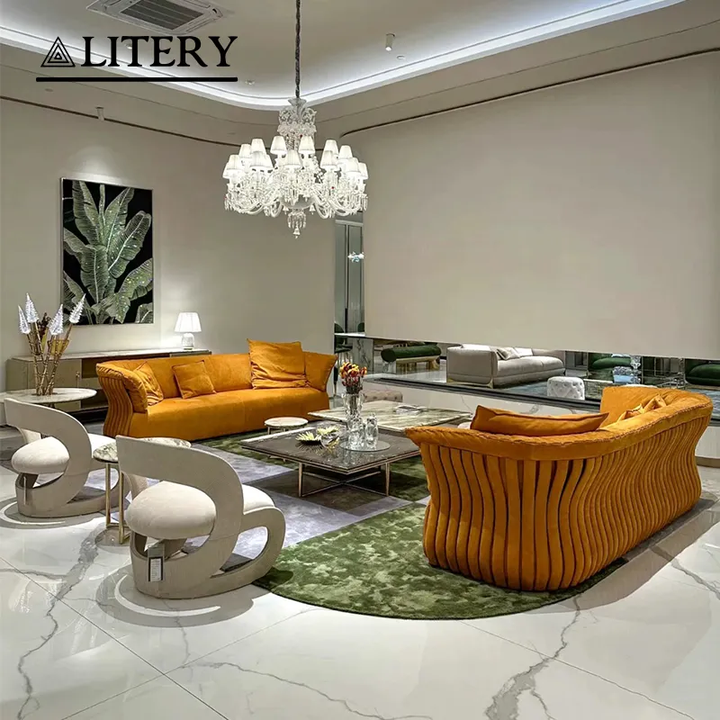 Juego de sofá de cuero contemporáneo elegante, sofá cómodo de 3 plazas para sala de estar con cojines de felpa y diseño de reposabrazos plisado