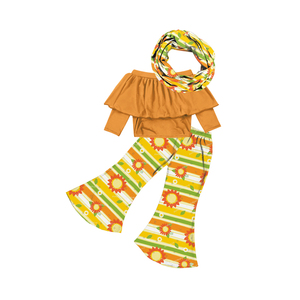 Conjunto de ropa de 3 piezas para niña pequeña, top corto, pantalones acampanados con bufanda, ropa para niña - Product Image 5