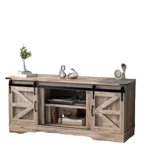 Modern Rustic 58 Inch TV Stand With Sliding Barn Door Storage Cabinets For TVs Up To 65 Inch Grey For Living Room