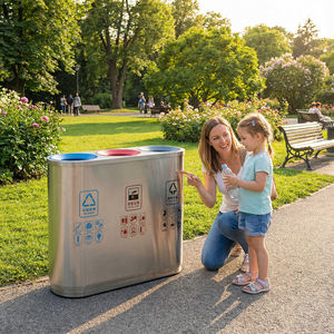 سلة مهملات وتدوير من الفولاذ المقاوم للصدأ بثلاثة أقسام للبيع بالجملة من المصنع، تحتوي على 3 سلال داخلية، صناديق نفايات وتدوير للأماكن العامة - Product Image 4