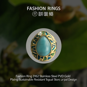 Bague tendance en acier inoxydable 316L plaqué or PVD, durable et résistante, avec pierre turquoise ovale - Product Image 3