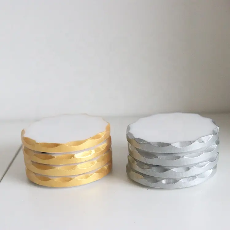 Lot de 4 sous-verres ronds en pierre à marbre blanc, d10 cm, bordure dorée et argentée