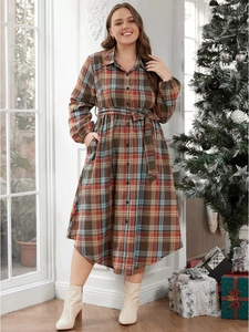 Robe longue décontractée pour femme, taille M à <span class=keywords><strong>4XL</strong></span>, en polyester uni, coupe ample, avec ceinture à nouer, collection automne. - Product Image 1