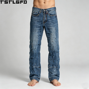 Jeans de mezclilla de corte recto para hombre, con pedrería de colores, efecto arrugado, estilo Y2K, venta al por mayor - Product Image 3