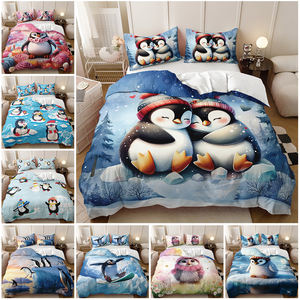 Ensemble de housse de <span class=keywords><strong>couette</strong></span> moderne en forme de <span class=keywords><strong>pingouin</strong></span> de dessin animé imprimé en 3D, 100% polyester, écologique, personnalisable, ensemble de literie pour la maison en trois pièces - Product Image 2