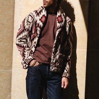 Cardigan en tricot vintage pour homme, motif aztèque, style tribal géométrique, veste pull chaude d'hiver, col châle, manteau épais tendance, vente en gros
