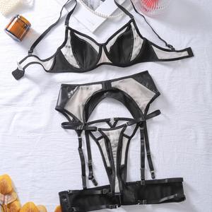 Commercio all'ingrosso della fabbrica di alta qualità delle donne Sexy nero PU Lingerie tre pezzi Set donne Push Up reggiseno in pelle calda erotica biancheria intima - Product Image 5
