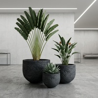Ensemble de 3 jardinières GRC gris pierre foncé, texture rugueuse de roche volcanique, pot à fleurs en béton, intérieur/extérieur, hôtel, villa