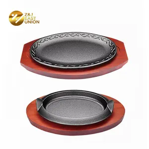 Cast Iron Sizzling Plate Cast Iron Sizzling Steak Plate Large 28cm- Oval With Wood Board