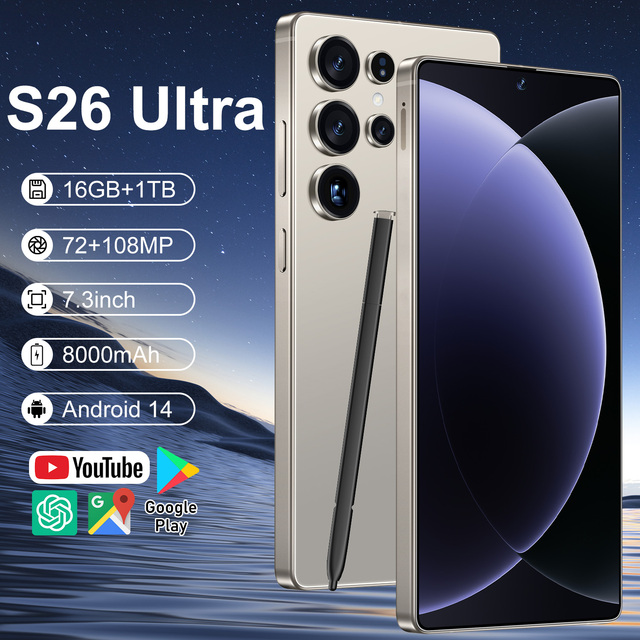 Hot Selling S26 Ultra 5G Smartphone Original Android 14 108MP HD Beauty Camera 16GB+1TB 7.3inch Unlocked Deca Core Cellular CDMA
