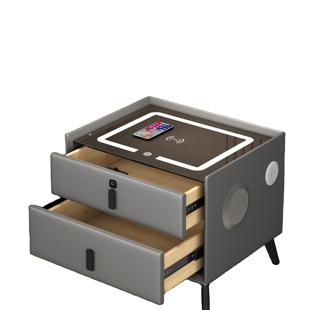 Modern Smart Wooden Bedside Table with Wireless Charger & Speakers New Nightstand for Bedroom or Living Room