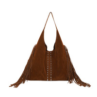 Sac fourre-tout en daim à franges pour femme, automne 2026, avec rivets décoratifs, grande capacité, style rétro, sac à bandoulière sous le bras
