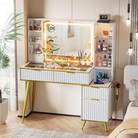 Table de toilette moderne Phoenix Home pour chambre à coucher avec miroir sur pied en verre trempé transparent, éclairage LED RVB et chargeur