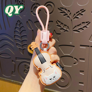 QY พวงกุญแจหนัง PU ลายแมวน่ารัก, กระเป๋าดนตรีห้อยสายคล้องคอของขวัญสำหรับคนรักดนตรี - Product Image 5