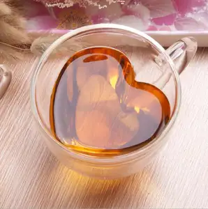 Aziz sevgililer günü hediyeleri kalp şekli borosilikat çift duvar yeniden kullanılabilir cam kahve fincanları