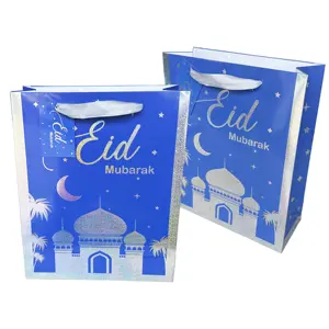 Glitter Blue Eid Party Paper Bags Muslim Gift Bag Silver Foiled Eid Mubarak Favour Bag With Handles