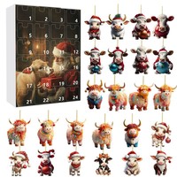 Calendrier de l'Avent de Noël Thème Animaux Vache des Highlands Ornement Acrylique Compte à Rebours 24 Jours Boîte Mystère Mignonne à Suspendre à l'Arbre Cadeau de Fêtes