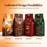 Sachet de café moderne illustré à fond plat, refermable, avec fermeture éclair sur huit côtés, finition mate, pour l'emballage de grains de café de spécialité