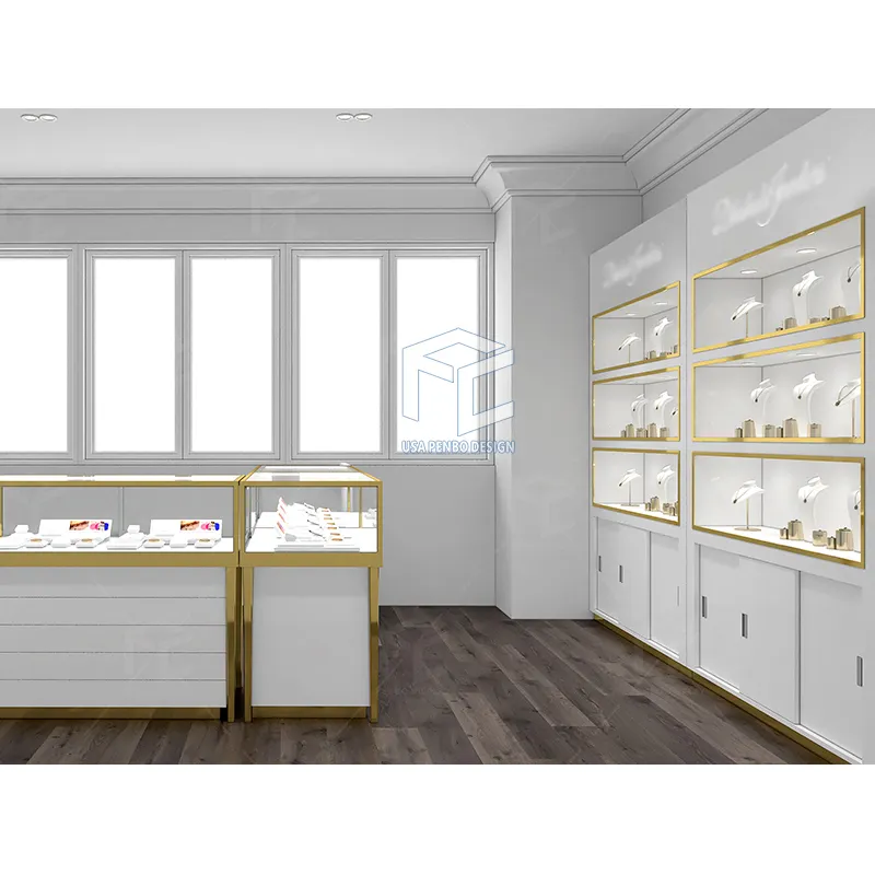 Diseño Simple Joyería Sala de exposición Gabinetes de exhibición Pared de vidrio Vitrina Exhibición de joyería personalizada para tienda