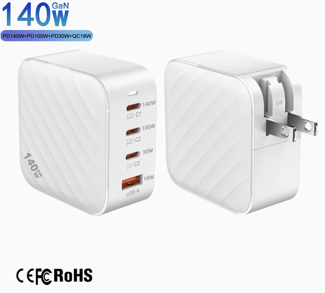 Gan 140W 3-Port PD 3.1 QC4.0 Fast Charging Fireproof Foldable USB-C Power Supply Adapter for Laptop Phone Earphone Camera