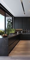 Comptoirs en quartz/marbre artificiel/stratifié, armoires de cuisine modernes avec appareils électroménagers intégrés, évier et robinet.