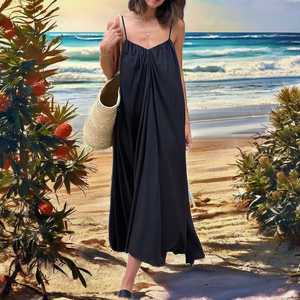 Women's Sleeveless Spaghetti Strap Solid Black Maxi Dress Loose Woven Casual Summer <b>Slip</b> Dress Breathable Straight Hem - Product Image 2