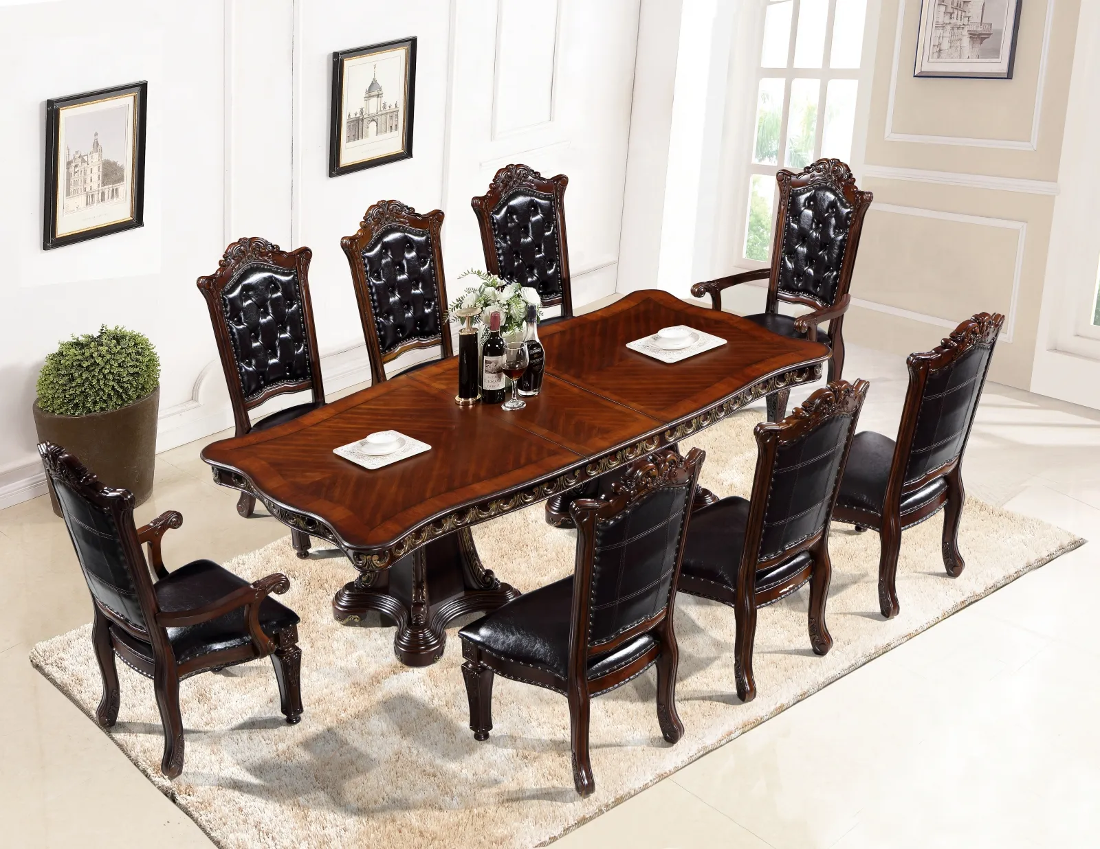 Klassiek Meubilair Houten Eettafel Set Amerikaanse Luxe Meubels Eetkamer Tafel Stoel Hand Gesneden Hout