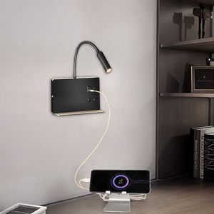 Lampe murale de lecture LED moderne et simple, blanche, pour chambre à coucher, salon, avec chargeur de téléphone sans fil AC, interrupteur rotatif, abat-jour <span class=keywords><strong>noir</strong></span> en aluminium - Product Image 1