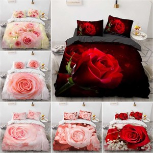 Set biancheria da letto rosa rossa federa <span class=keywords><strong>per</strong></span> cuscino 3D HD Double Full King Queen Twin Single 4 pezzi copripiumino trapuntato fiore camera da letto - Product Image 1