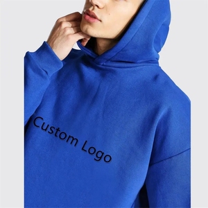 Customised Blue Cordless 100 Cotton French Terry Distressed Pullover Plain No Pocket Cut Edge Custom Raw Hem <b>Hoodie</b> - Product Image 2