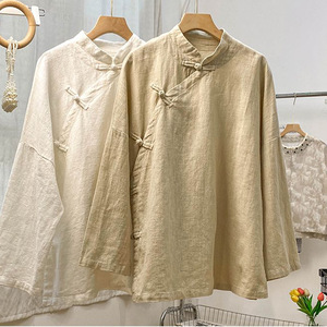 Cotton Linen Stand Collar Long Sleeve Shirt With Chinese Knot Buttons Solid Color Mid Length For Spring Autumn Everyday Wear - Product Image 4