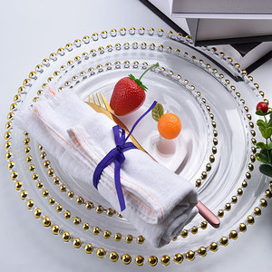 DD1294 Assiettes en verre transparent avec bordure perlée dorée, vaisselle de luxe pour décoration de mariage, assiette de présentation, assiette de dîner avec bord perlé - Product Image 4