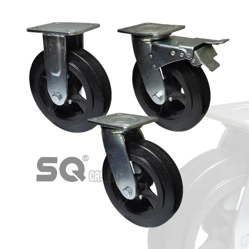 SQ Castor 6 "Negro Mold-On Goma sobre ruedas de hierro Ruedas con rodamiento de rodillos Ruedas de goma dura 4 5 6 8 pulgadas