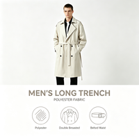Manteau long beige clair pour homme, style trench-coat, vêtement d'extérieur pour hommes d'affaires, vente en gros, épaules tombantes, manches longues, look urbain pour les trajets quotidiens
