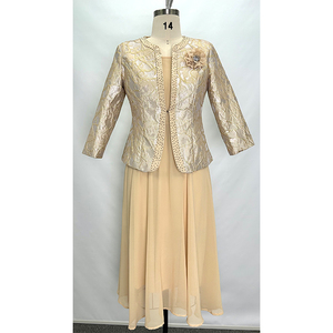 elegant gold mother of the bride dresses Mother Of Bride Dress Gold Elegant A-Line Beading Long Sleeves Tea-Len main image 1