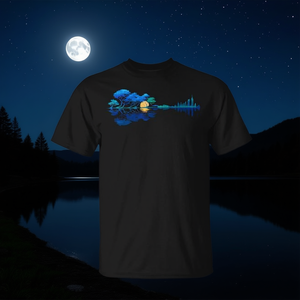 Camiseta Guitar Lake Reflections con diseño de cielo nocturno y luna - Product Image 3