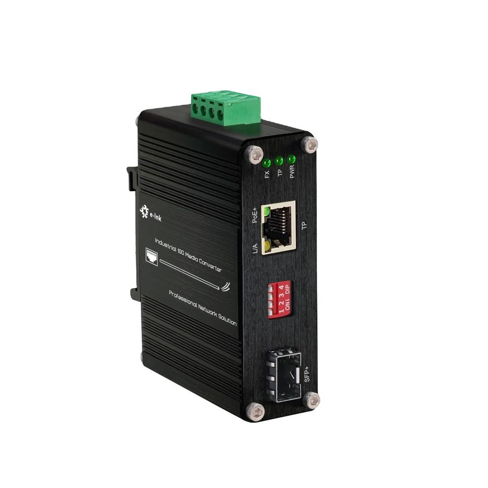 Mini Industrial 10G SFP+ Media Converter for Multi-Gigabit Copper to Fiber with PoE+ and DIN-Rail