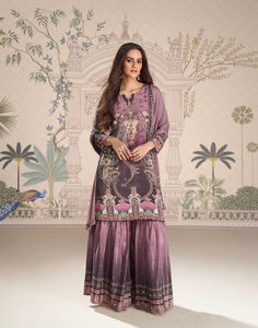 Traje Sarara de Seda Crepé Real de Primera Calidad, Estilo Completo y Elegante, Top con Bordado de Espejo, Gharaara y Dupatta - Product Image 4